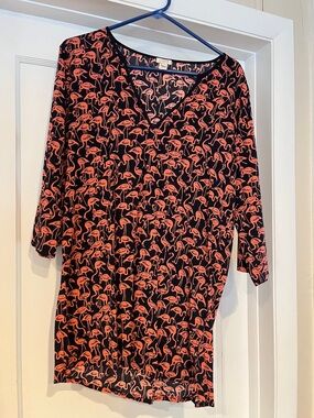 J. Crew Navy Beach  Dress with Coral Flamingo Print, V-Neck